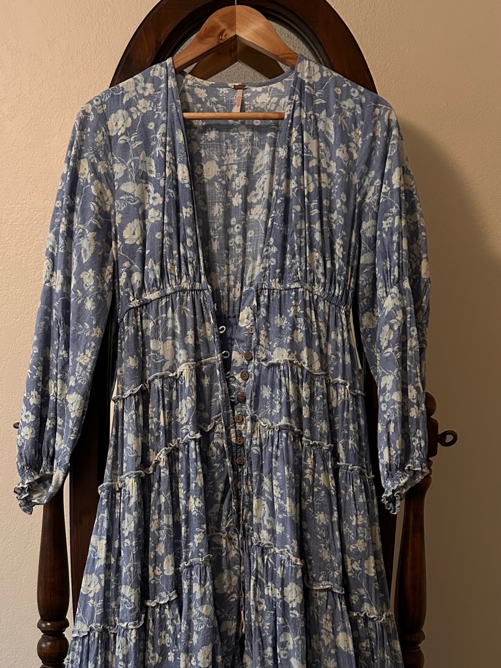 Free People Pappiet Midi Chambray Bluebell Floral Tiered Button Dress